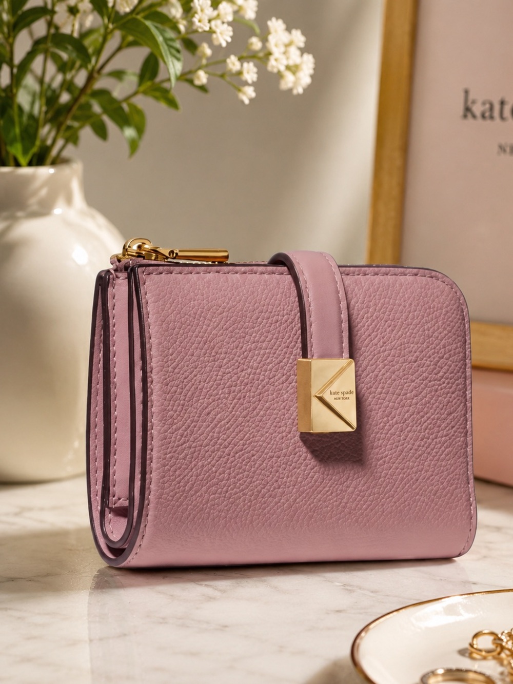 kate spade Dusk Rose Pebbled Leather Deco Wallet w/ Pyramid Stud  Closure